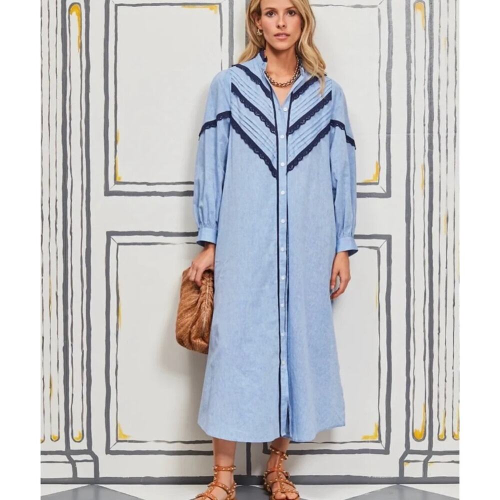 Pomander Place Tuckernuck Jolene Chambray Midi Dress Button Front Lace XXXL